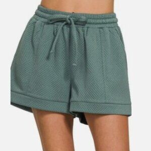 ZENANA TEXTURED KNIT JACQUARD DRAWSTRING SHORTS "ASH" JADE NEW